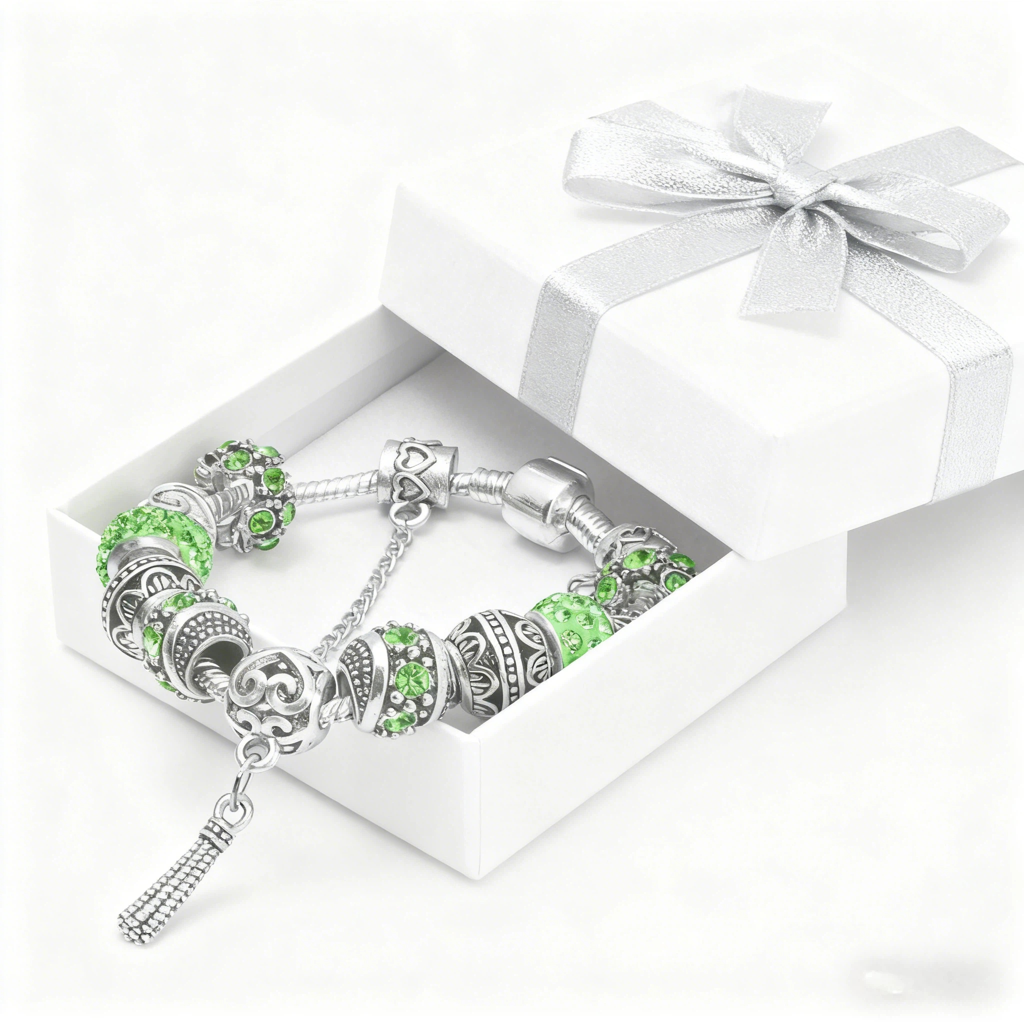 Women’s Vintage Silver-Plated Charm Bracelet - Crystal-Embedded Hollow Carved Multi-Bead Fashion Jewelry(green-20cm) - Image 6