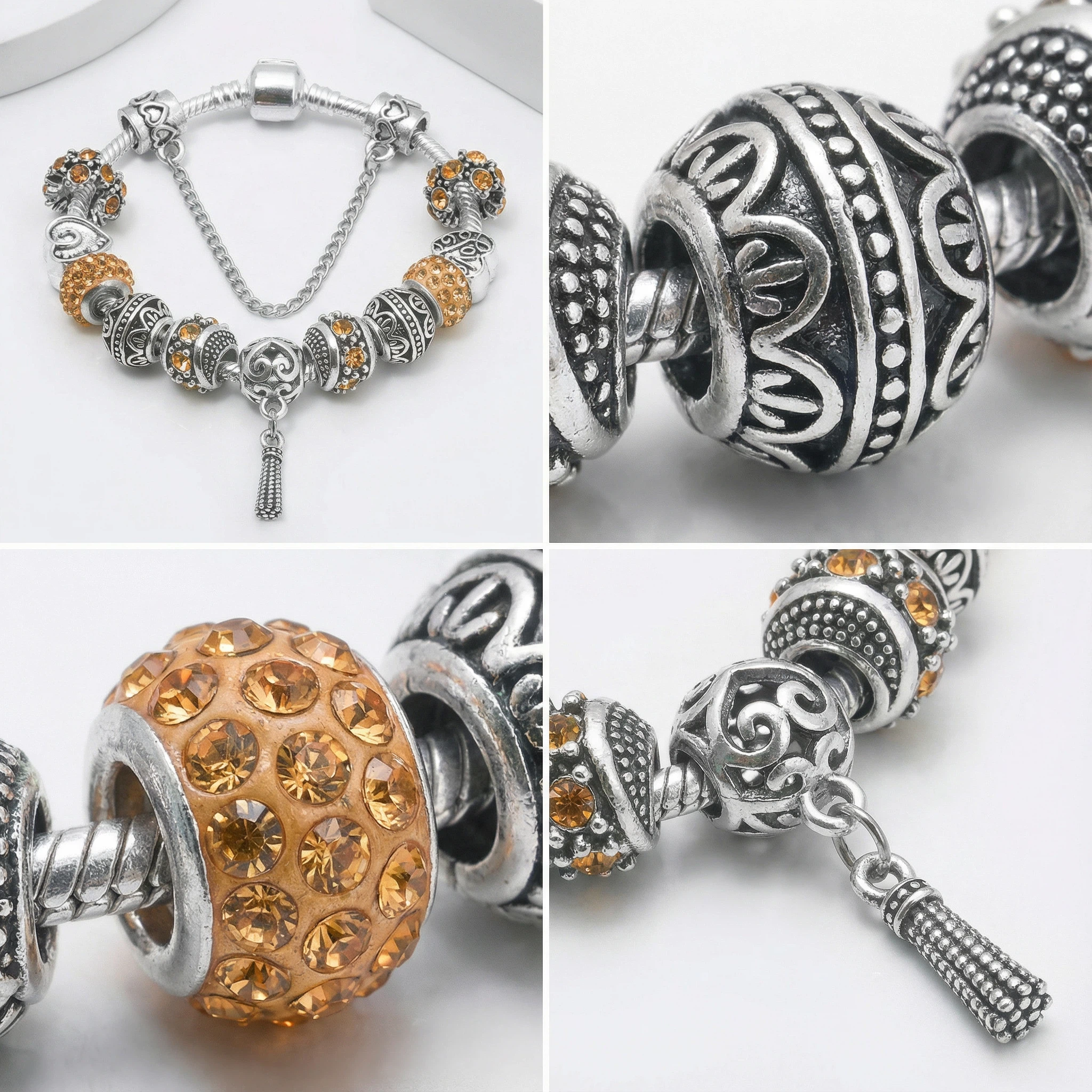 Women’s Vintage Silver-Plated Charm Bracelet - Crystal-Embedded Hollow Carved Multi-Bead Fashion Jewelry(orange-17cm) - Image 2