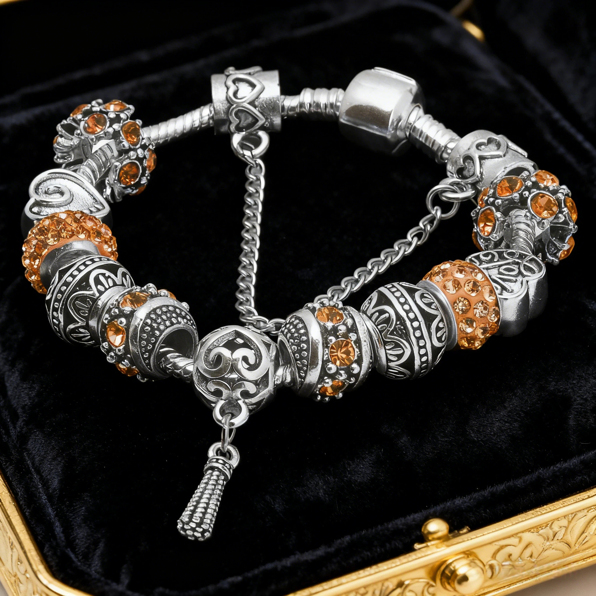 Women’s Vintage Silver-Plated Charm Bracelet - Crystal-Embedded Hollow Carved Multi-Bead Fashion Jewelry(orange-17cm) - Image 3