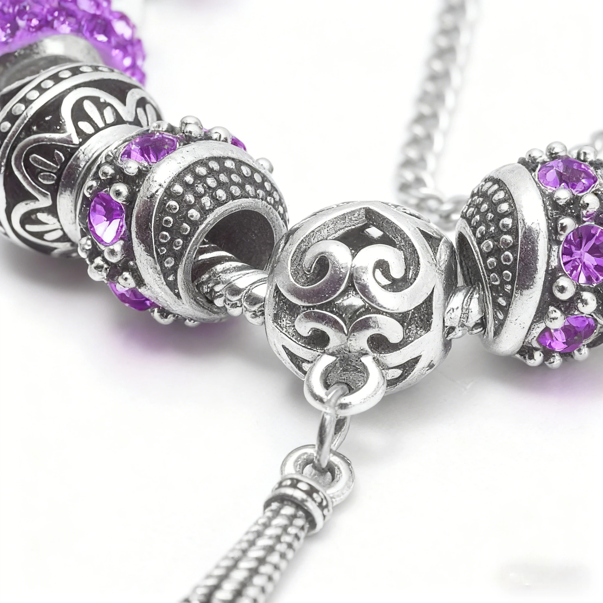 Women’s Vintage Silver-Plated Charm Bracelet - Crystal-Embedded Hollow Carved Multi-Bead Fashion Jewelry(purple-19cm) - Image 2