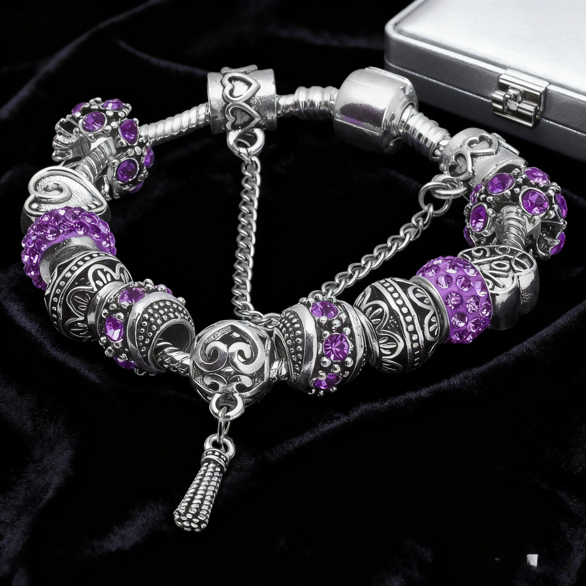 Women’s Vintage Silver-Plated Charm Bracelet - Crystal-Embedded Hollow Carved Multi-Bead Fashion Jewelry(purple-19cm) - Image 3