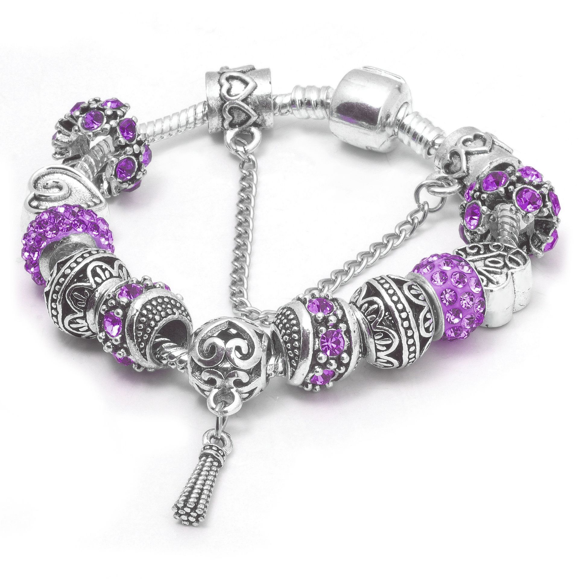 Women’s Vintage Silver-Plated Charm Bracelet - Crystal-Embedded Hollow Carved Multi-Bead Fashion Jewelry(purple-20cm) - Image 1