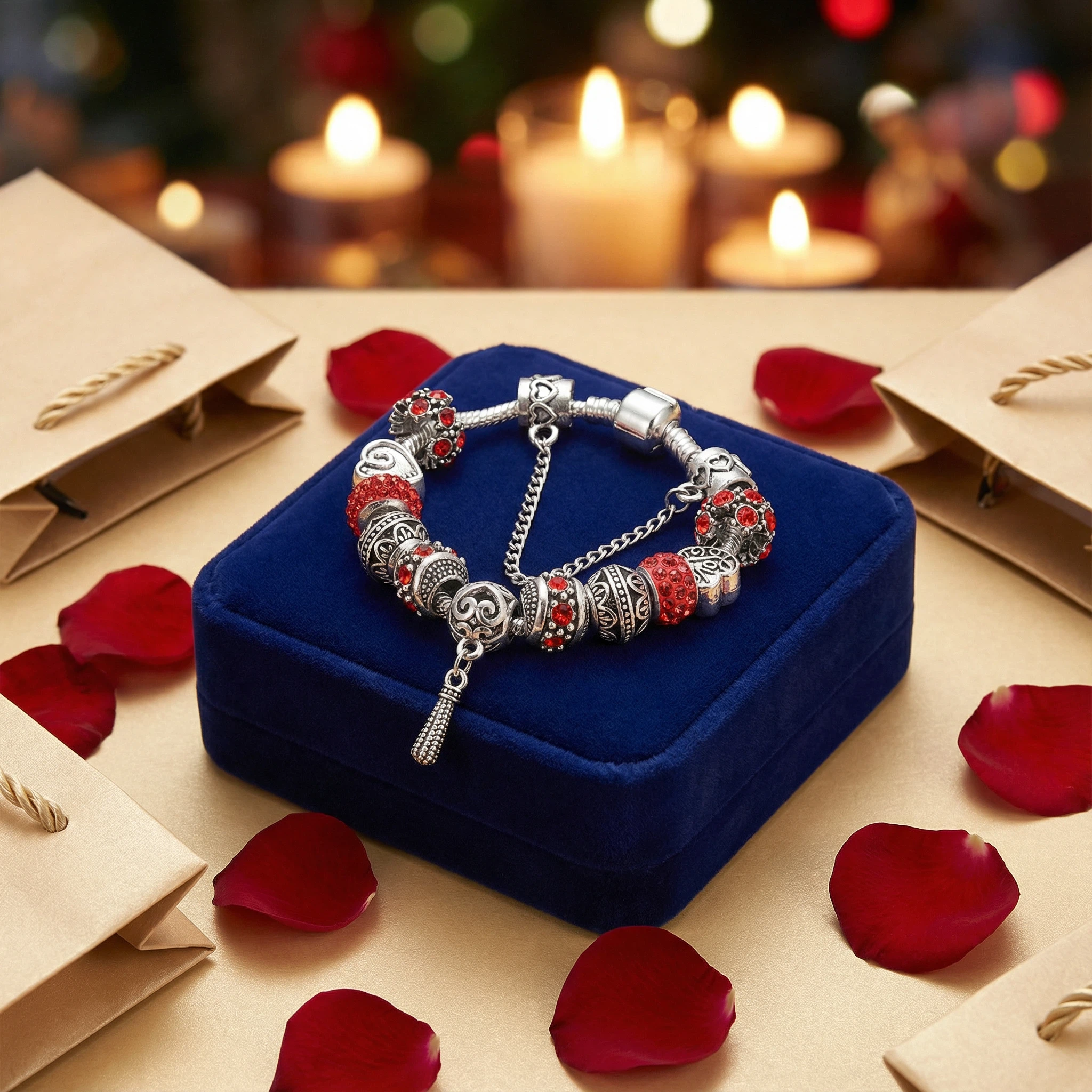 Women’s Vintage Silver-Plated Charm Bracelet - Crystal-Embedded Hollow Carved Multi-Bead Fashion Jewelry(red-18cm) - Image 3