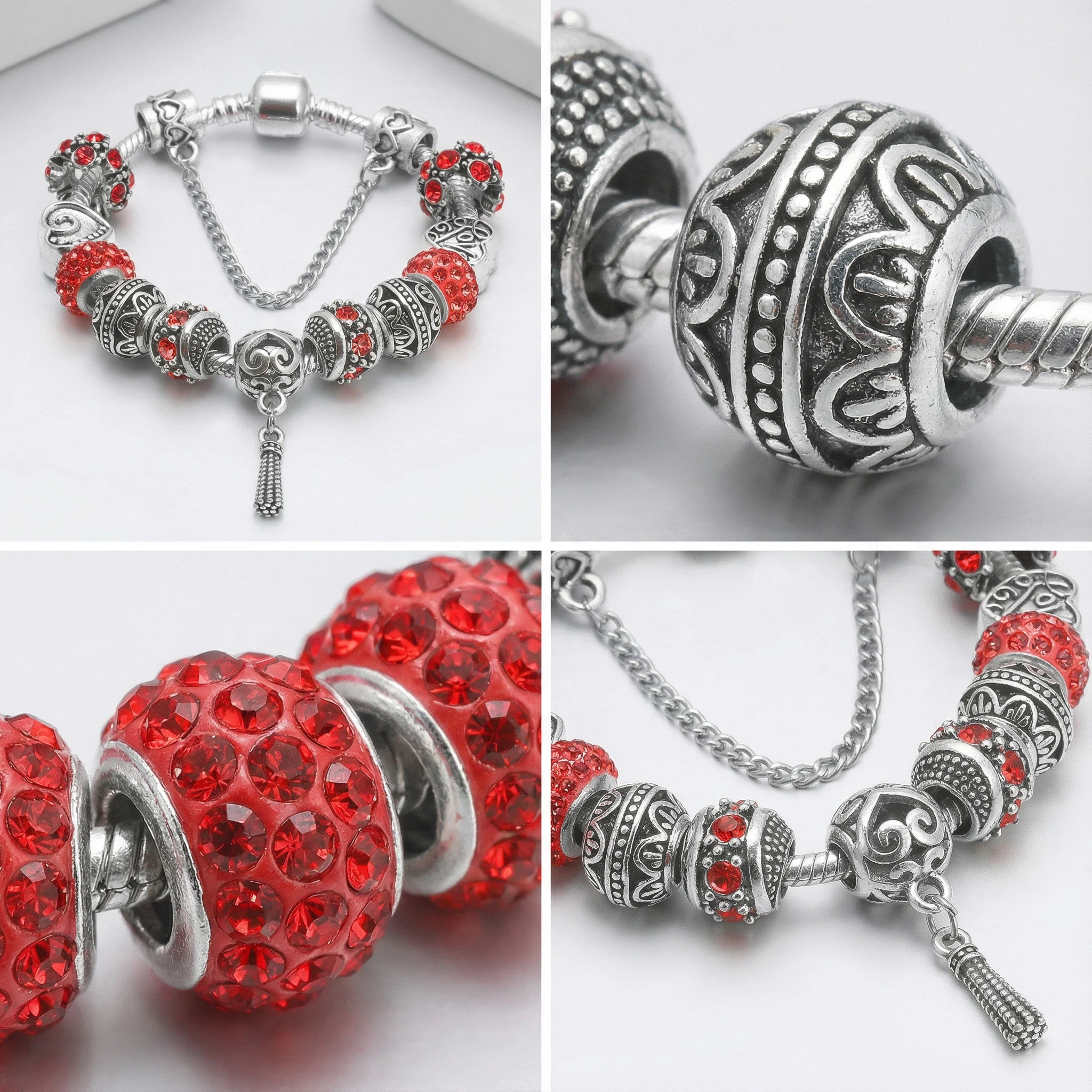 Women’s Vintage Silver-Plated Charm Bracelet - Crystal-Embedded Hollow Carved Multi-Bead Fashion Jewelry(red-19cm) - Image 2