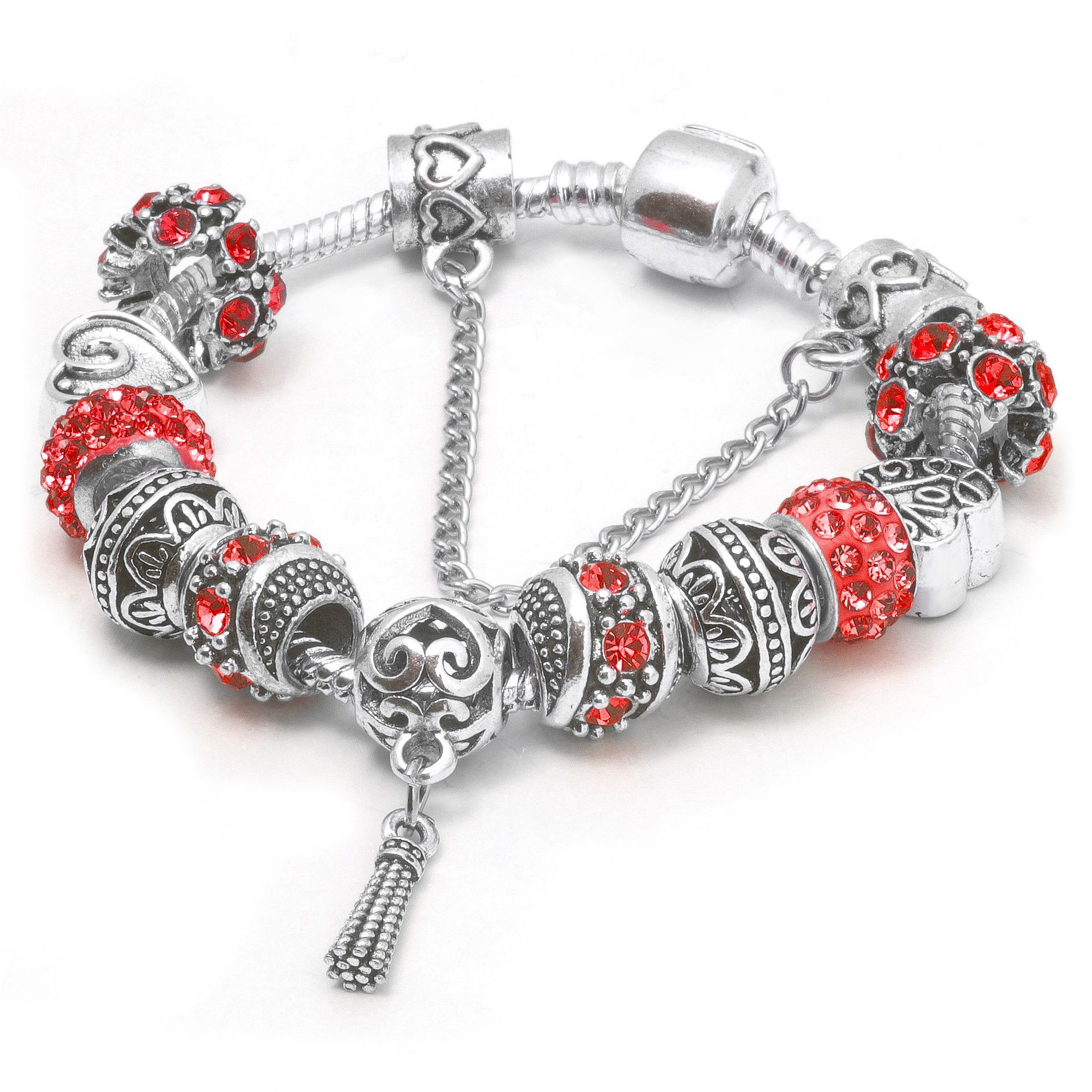 Women’s Vintage Silver-Plated Charm Bracelet - Crystal-Embedded Hollow Carved Multi-Bead Fashion Jewelry(red-20cm) - Image 1
