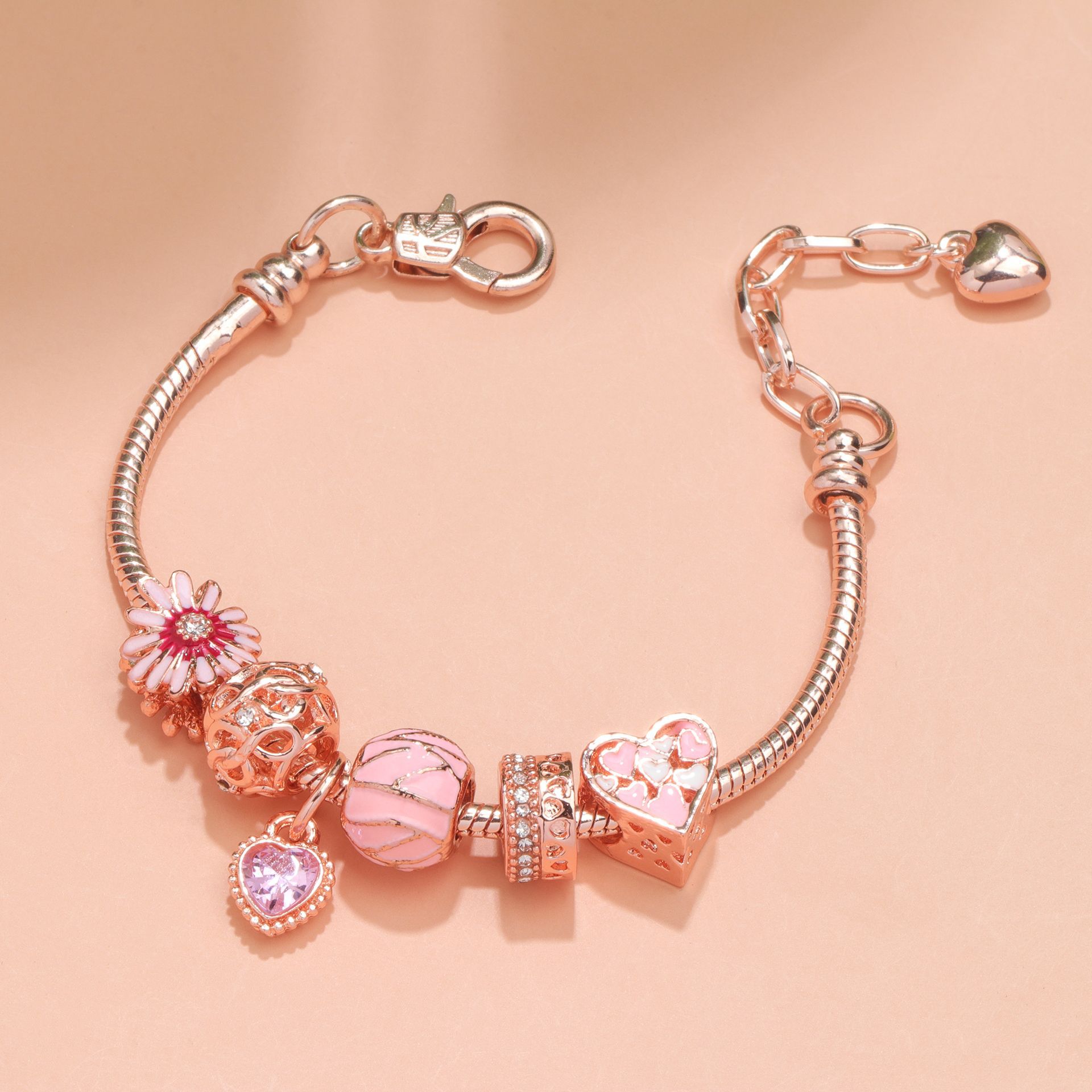 Rhinestone Daisy & Hollow Heart Charm Bracelet - Minimalist Fashion Zinc Alloy Electroplated Jewelry(16cm) - Image 4