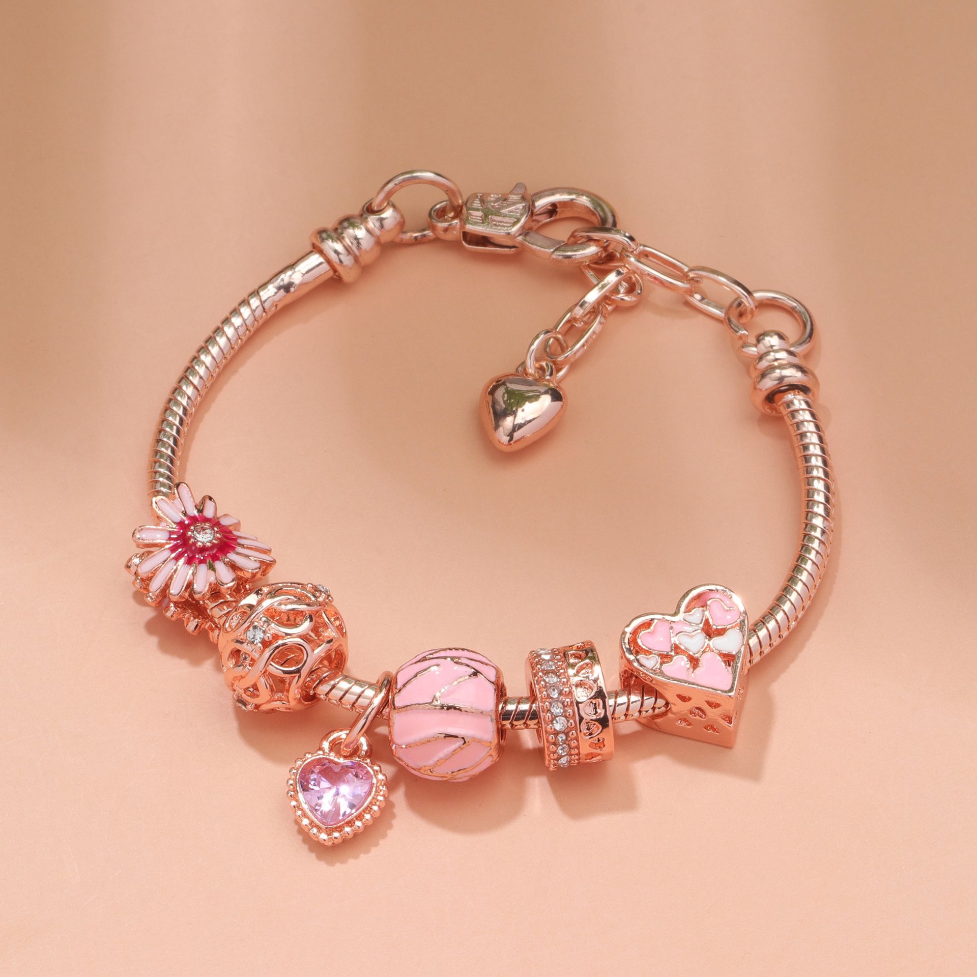 Rhinestone Daisy & Hollow Heart Charm Bracelet - Minimalist Fashion Zinc Alloy Electroplated Jewelry(18cm) - Image 1