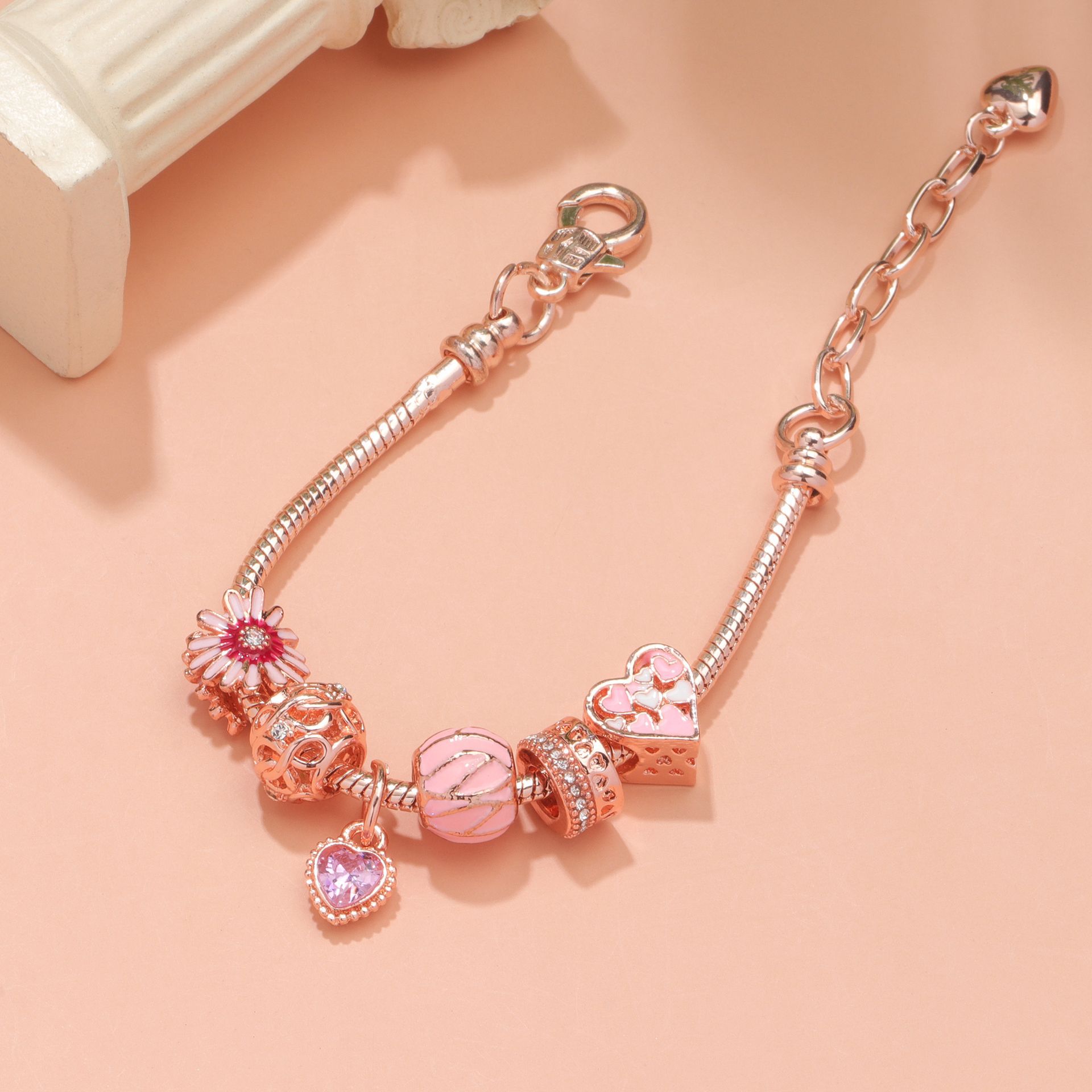 Rhinestone Daisy & Hollow Heart Charm Bracelet - Minimalist Fashion Zinc Alloy Electroplated Jewelry(20cm) - Image 2