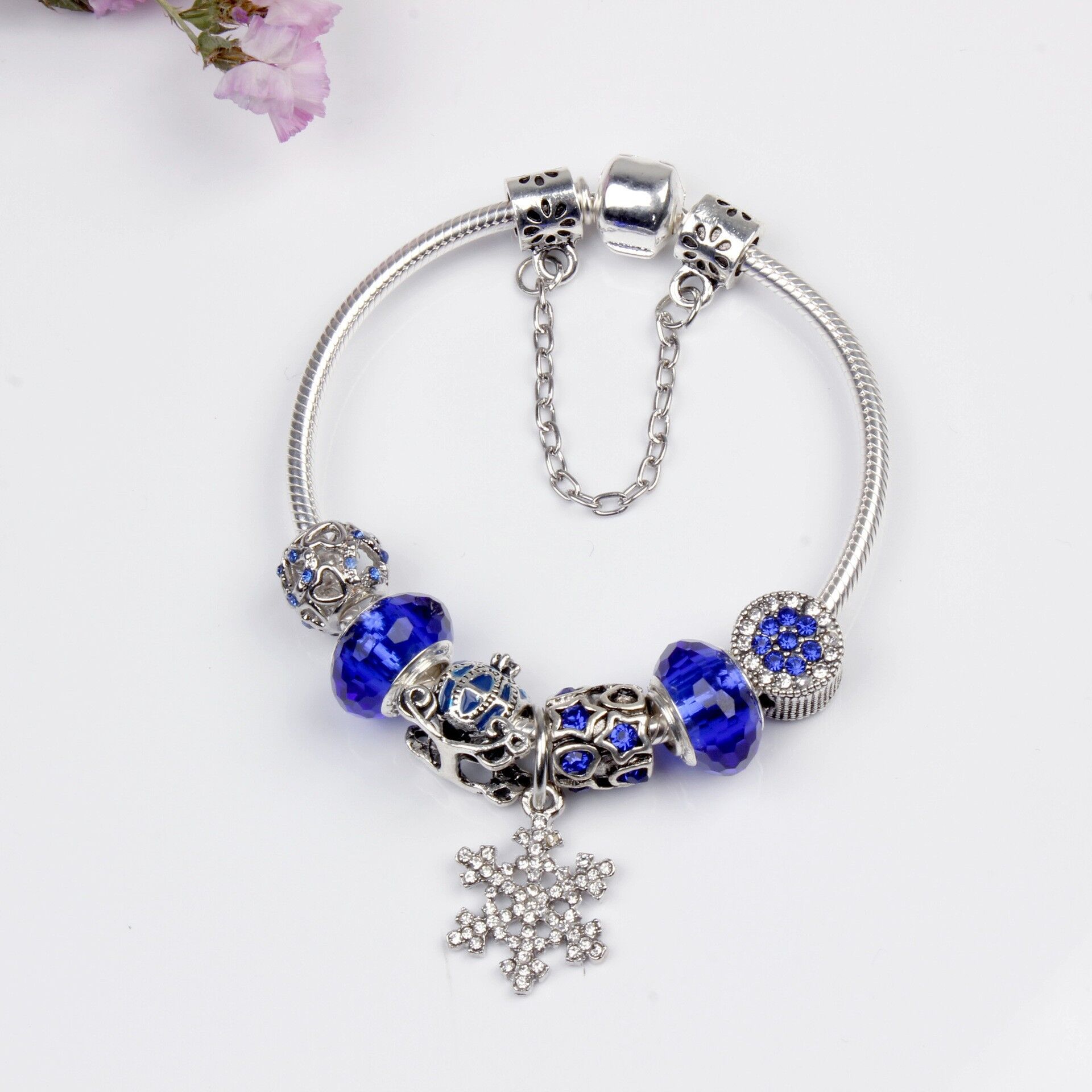 Snowflake Pendant Bracelet - Blue Cat’s Eye & Glass Beads, Zinc Alloy with Rhinestone Silver Carved Charms(18cm) - Image 1