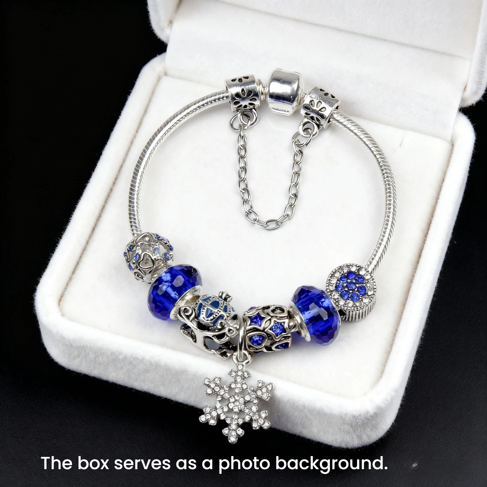 Snowflake Pendant Bracelet - Blue Cat’s Eye & Glass Beads, Zinc Alloy with Rhinestone Silver Carved Charms(19cm) - Image 3