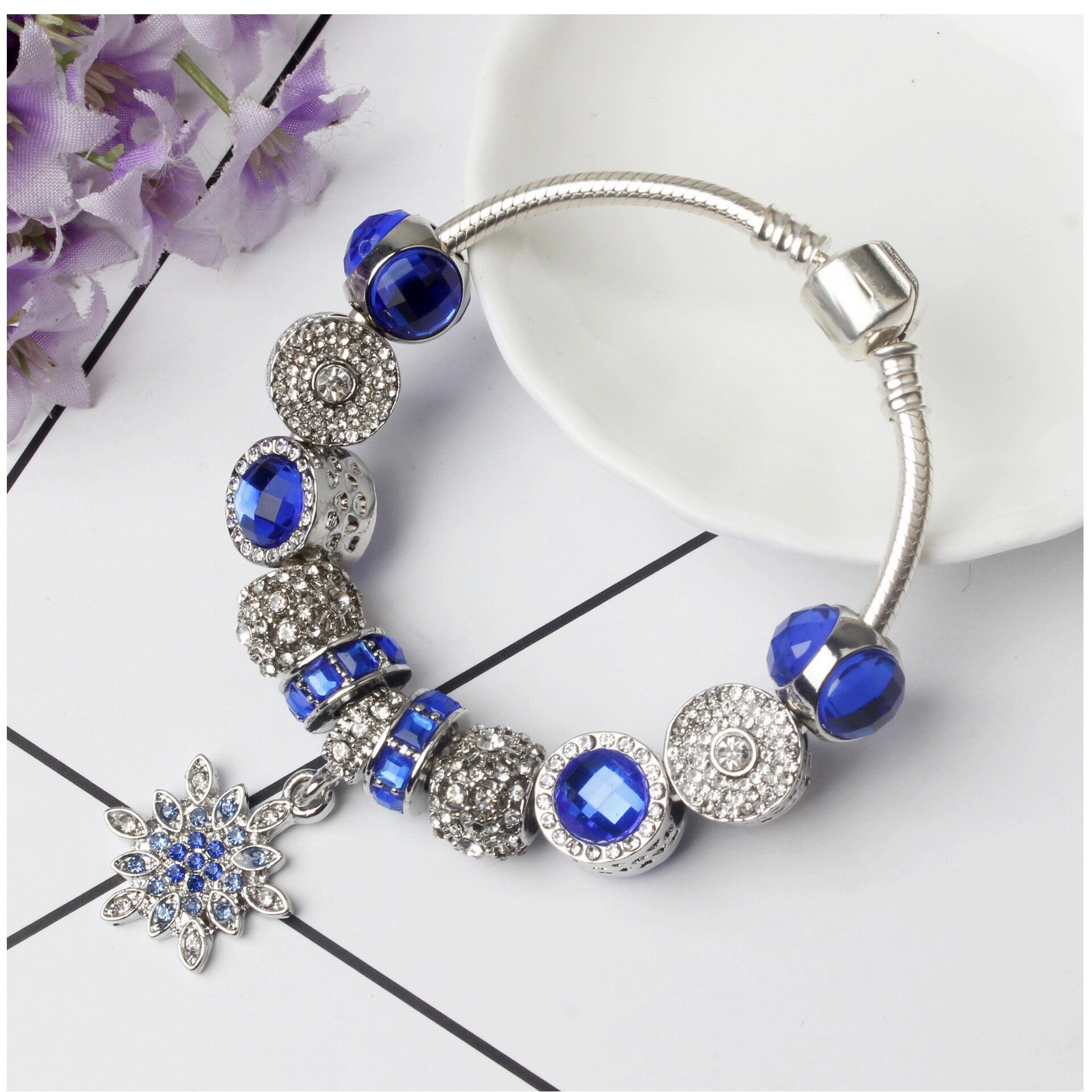 Blue Cat's Eye Glass Bead Bracelet - Zinc Alloy Rhinestone & Snowflake Pendant(17cm) - Image 1