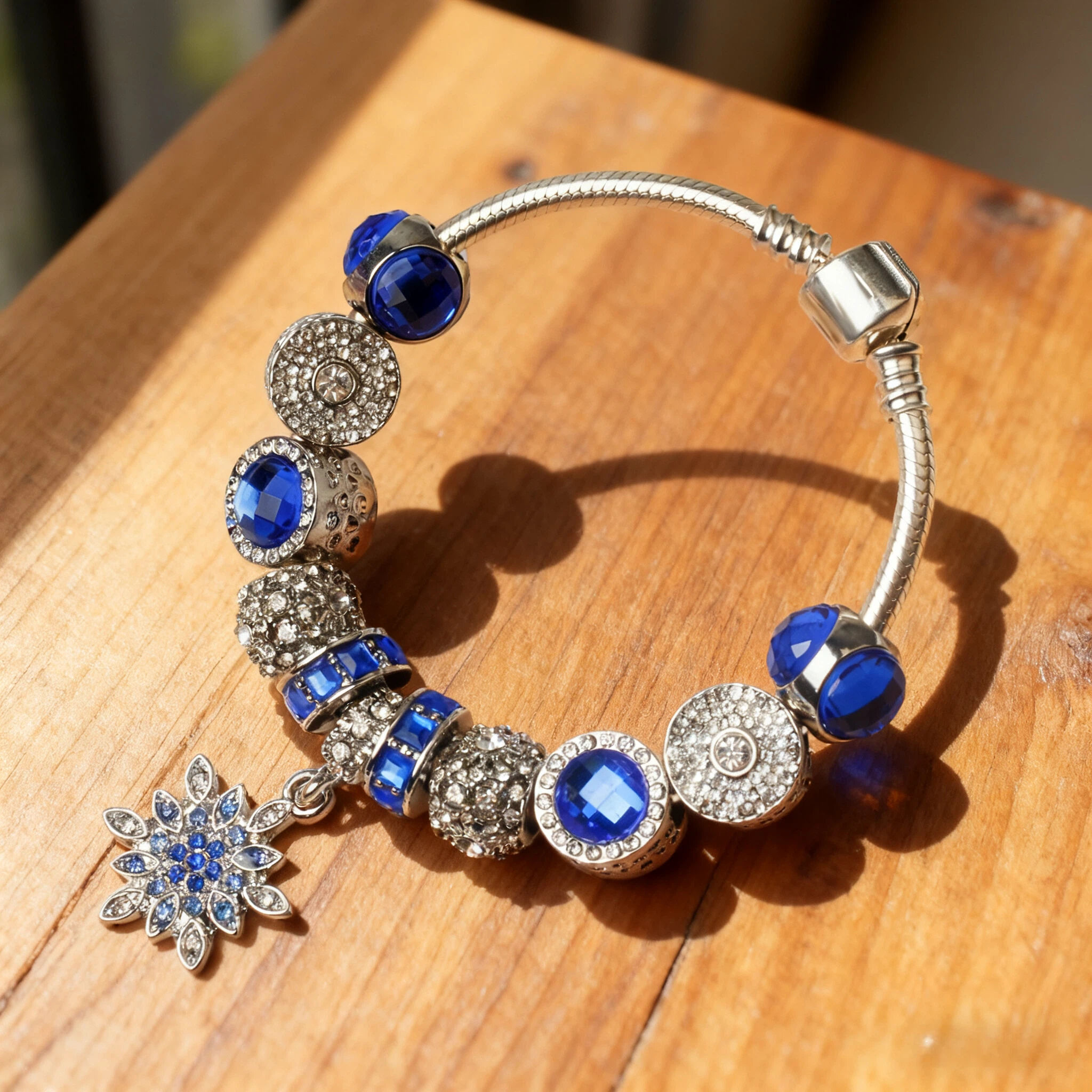 Blue Cat's Eye Glass Bead Bracelet - Zinc Alloy Rhinestone & Snowflake Pendant(17cm) - Image 3