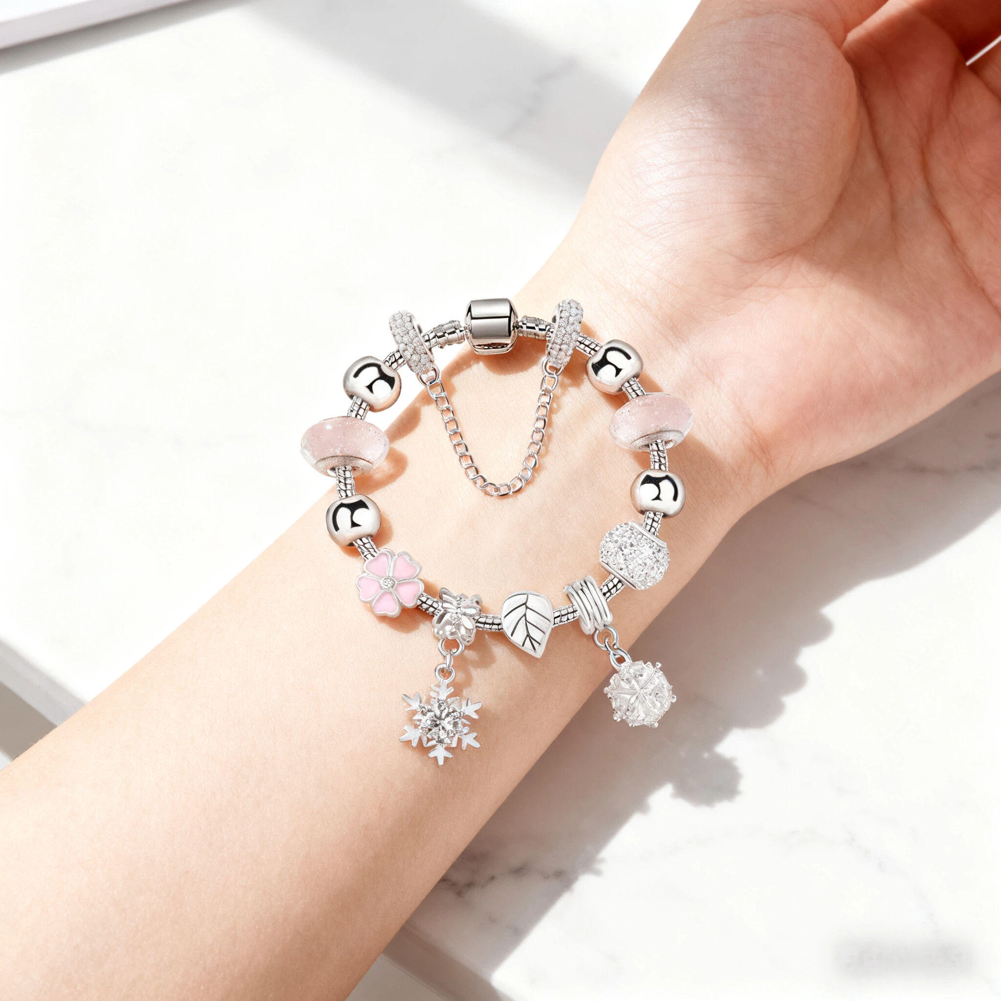 Women’s Rhinestone Cherry Blossom & Snowflake Pendant Bracelet(18cm) - Image 3