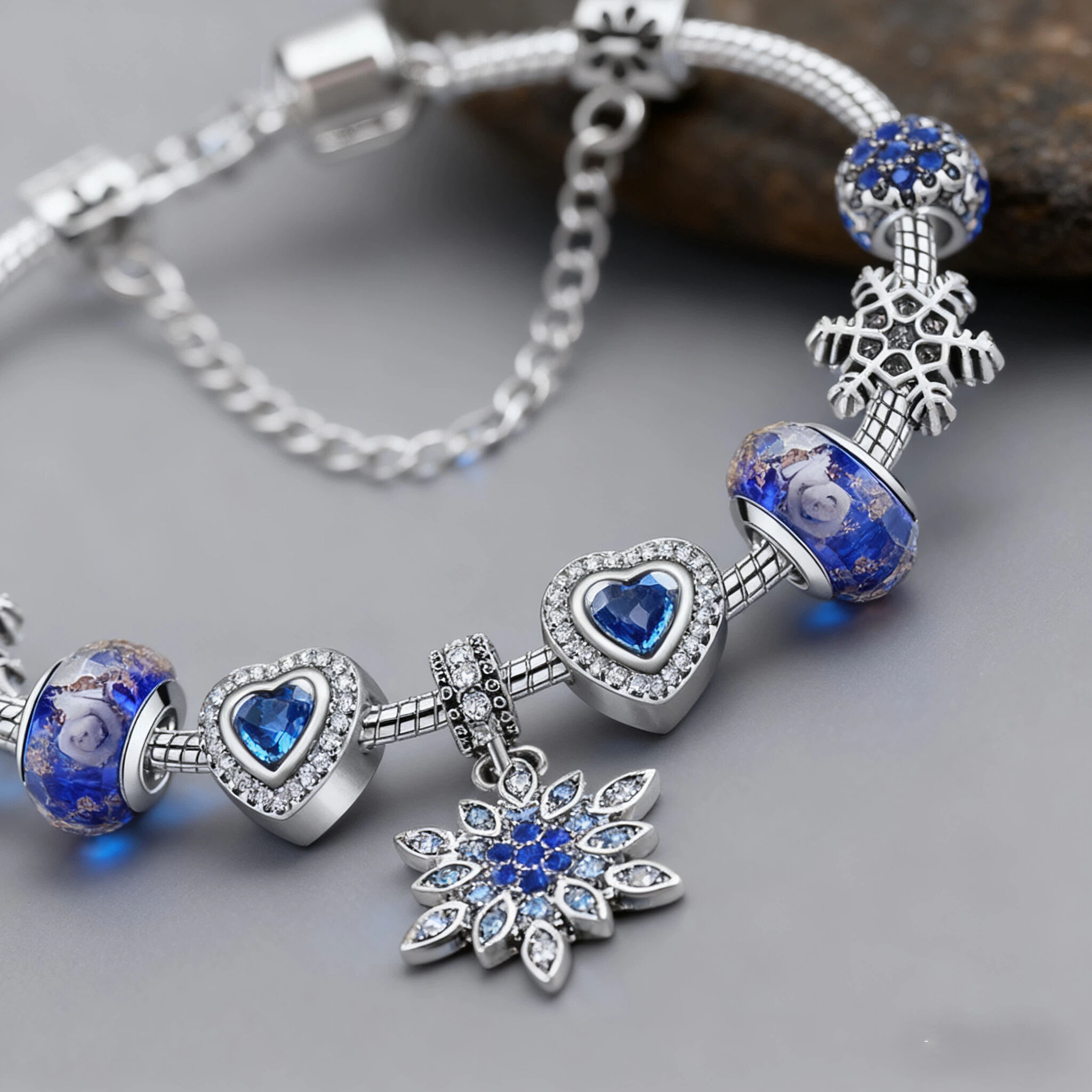 Blue Cat’s Eye & Glass Bead Bracelet – Rhinestone Snowflake Pendant(17cm) - Image 3