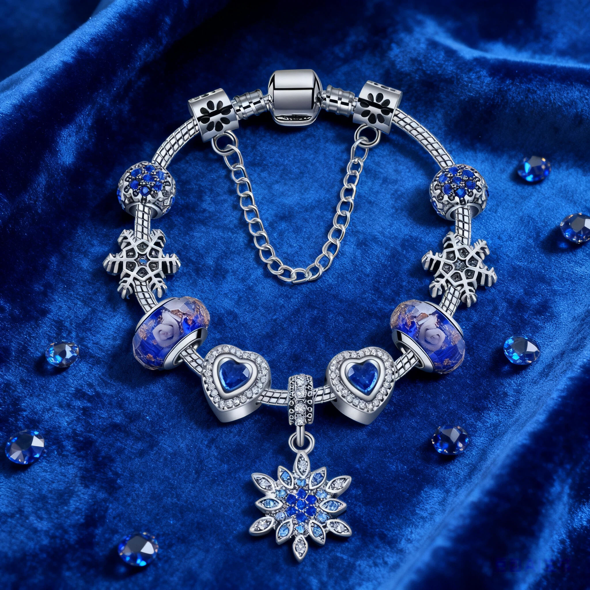Blue Cat’s Eye & Glass Bead Bracelet – Rhinestone Snowflake Pendant(17cm) - Image 5