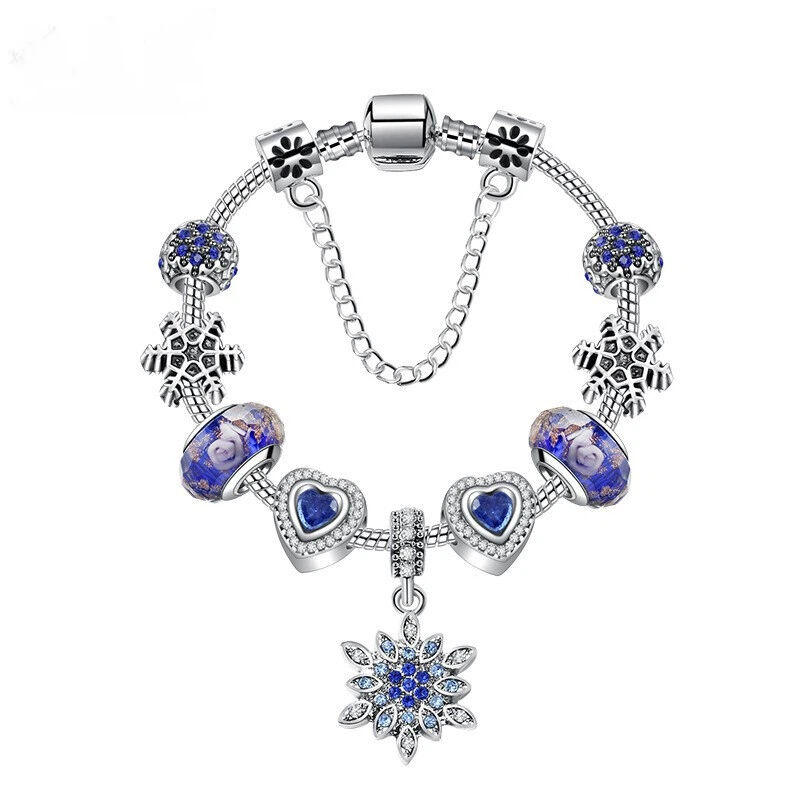 Blue Cat’s Eye & Glass Bead Bracelet – Rhinestone Snowflake Pendant(19cm) - Image 1