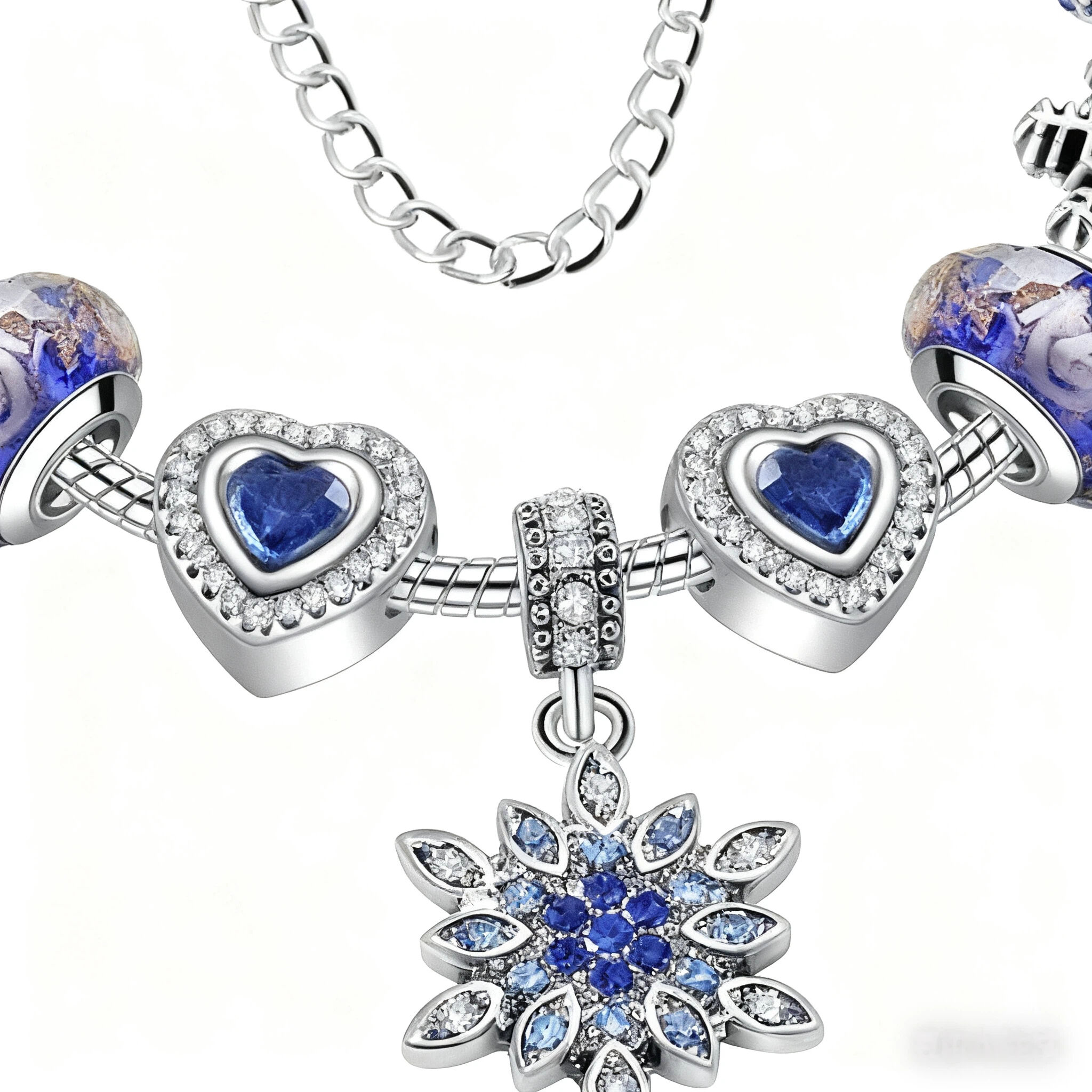 Blue Cat’s Eye & Glass Bead Bracelet – Rhinestone Snowflake Pendant(19cm) - Image 2