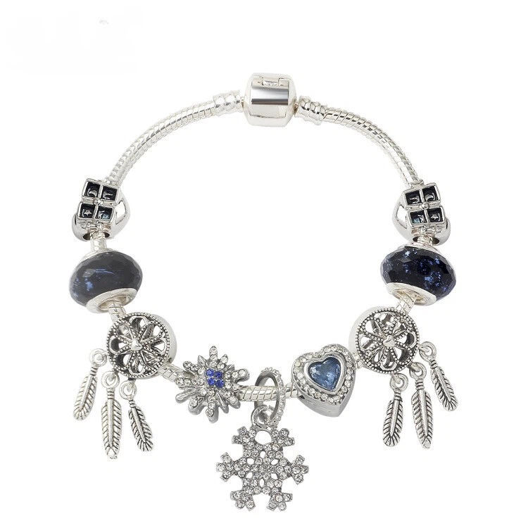 Pandora-Style Rhinestone Blue Cat’s Eye Heart Bracelet: Glass Beads, Dreamcatcher Feather Snowflake(17cm) - Image 1