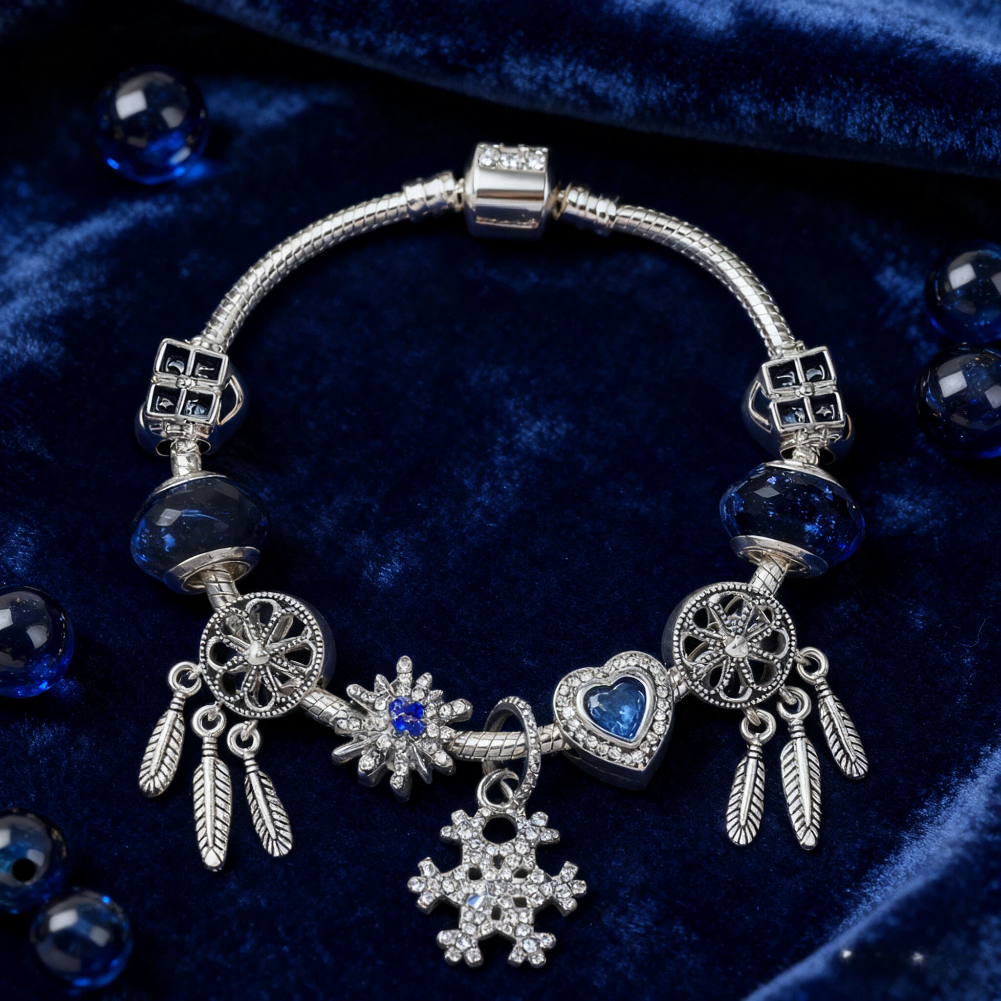 Pandora-Style Rhinestone Blue Cat’s Eye Heart Bracelet: Glass Beads, Dreamcatcher Feather Snowflake(17cm) - Image 3