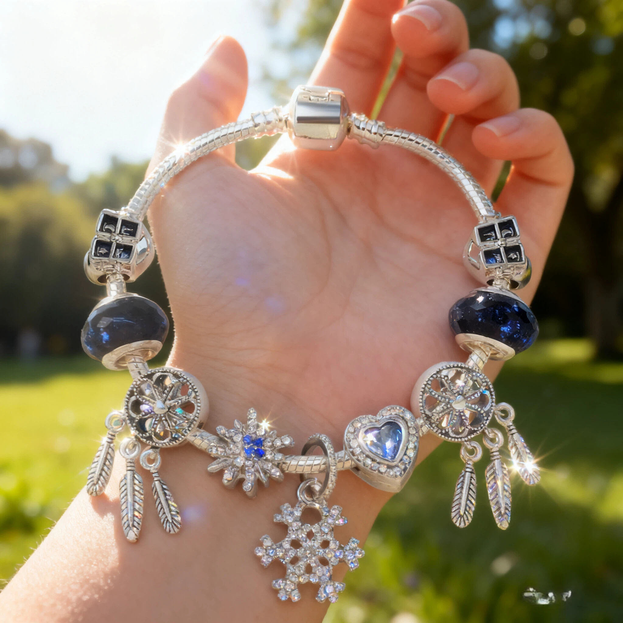 Pandora-Style Rhinestone Blue Cat’s Eye Heart Bracelet: Glass Beads, Dreamcatcher Feather Snowflake(19cm) - Image 2