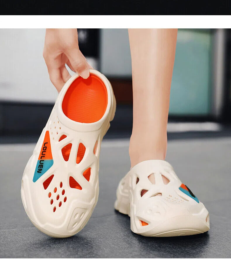 Men's Summer EVA Crocs with 3 Color Options - Breathable, Non-Slip, Comfortable Beach & Casual Sandals(white&orange-44-45) - Image 3