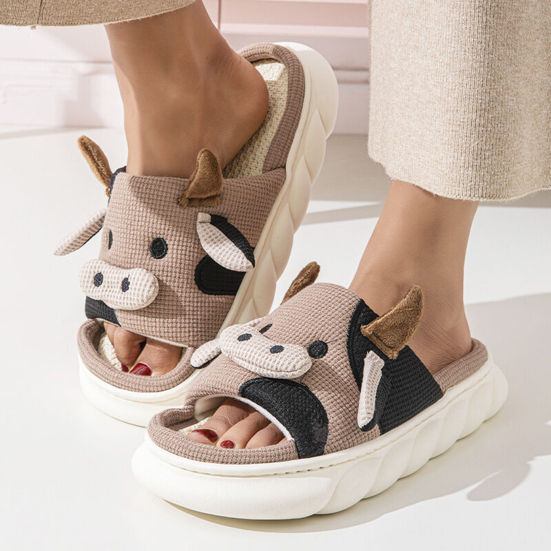 Unisex Cow Cartoon Linen Slippers: EVA Thick Sole Non-Slip Beach Sandals for Couples & Parent-Child, 7 Styles(coffee brown-39-40) - Image 1