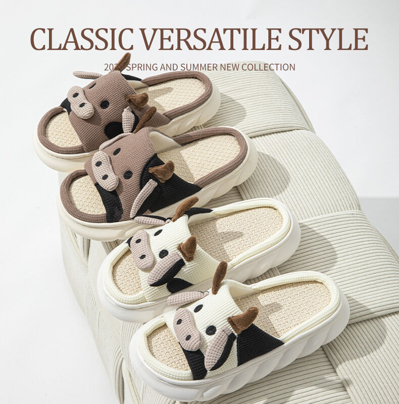 Unisex Cow Cartoon Linen Slippers: EVA Thick Sole Non-Slip Beach Sandals for Couples & Parent-Child, 7 Styles(coffee brown-39-40) - Image 3