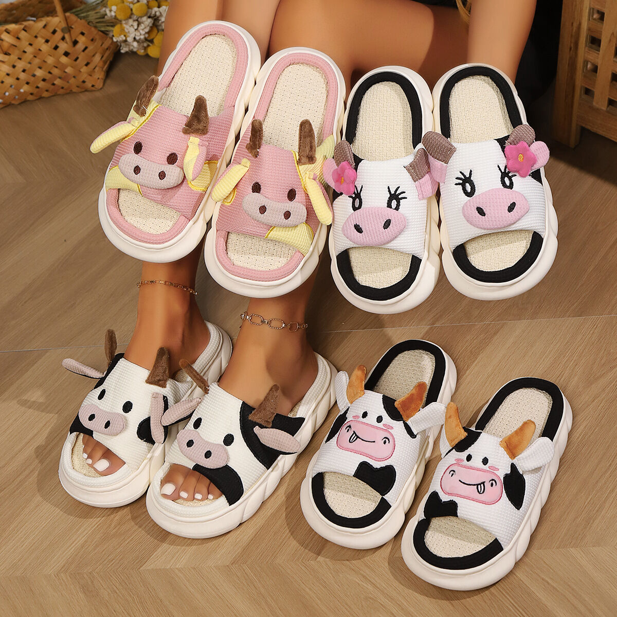 Unisex Cow Cartoon Linen Slippers: EVA Thick Sole Non-Slip Beach Sandals for Couples & Parent-Child, 7 Styles(coffee brown-41-42) - Image 4