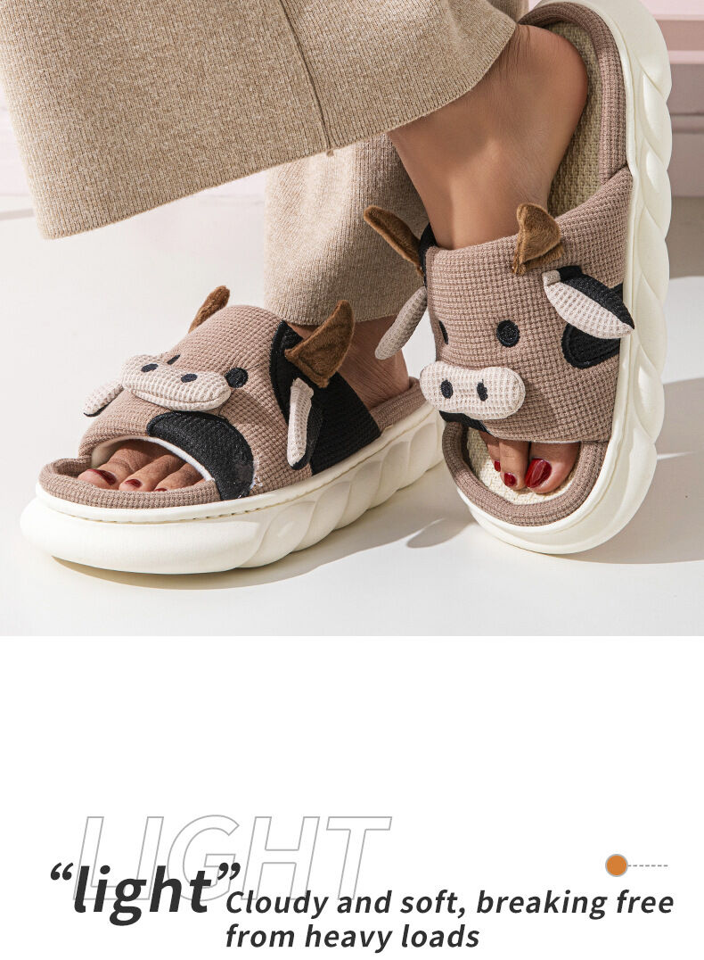 Unisex Cow Cartoon Linen Slippers: EVA Thick Sole Non-Slip Beach Sandals for Couples & Parent-Child, 7 Styles(coffee brown-43-44) - Image 2