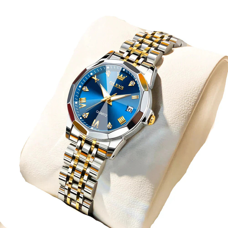 Womens Stainless Steel Quartz Watch Waterproof (Gold Blue) - Image 1