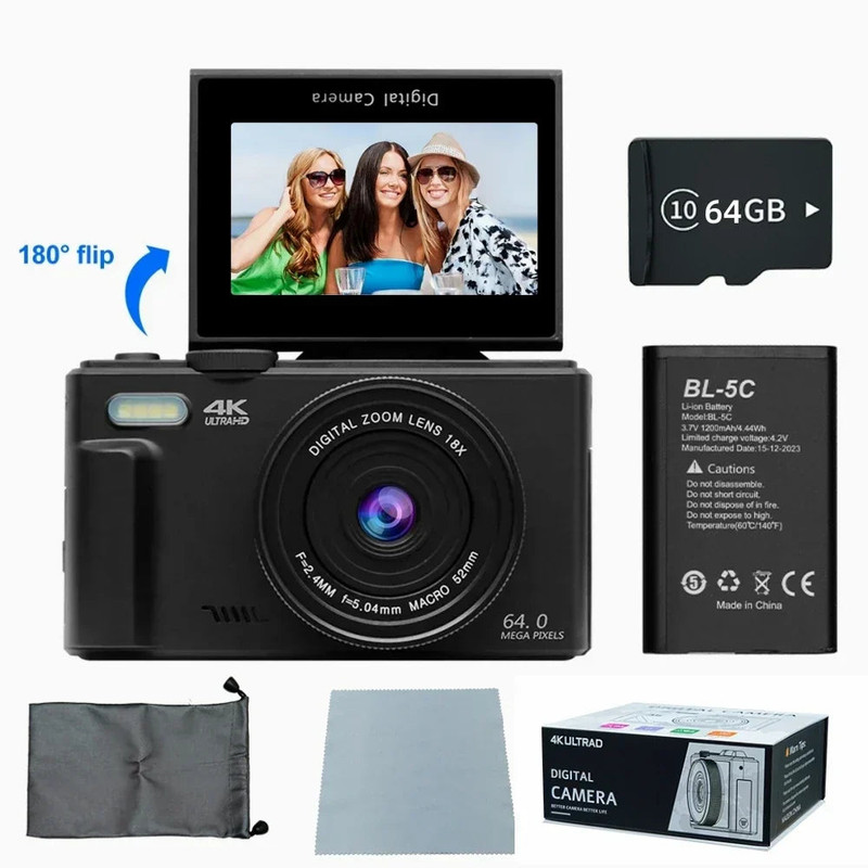 4K Digital Camera for Photography 64MP Vlogging Black - Image 1