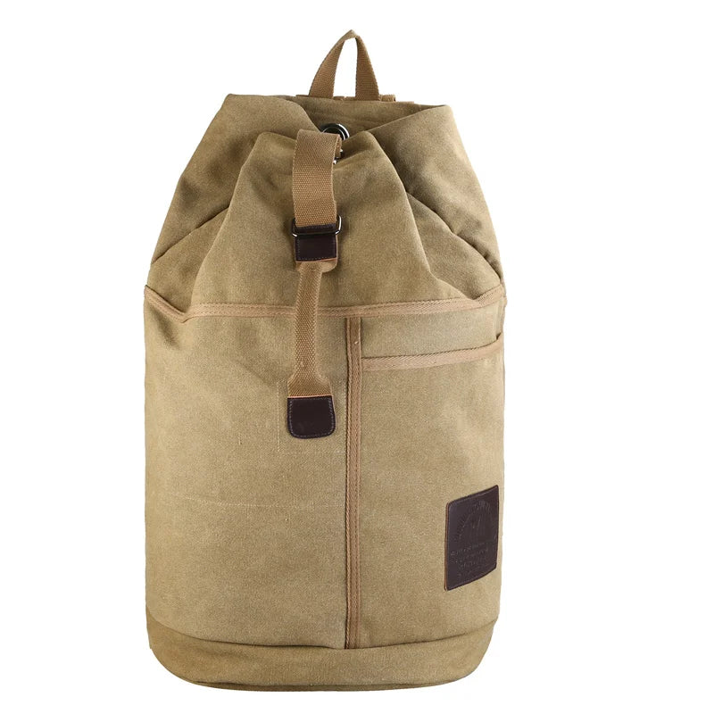 Canvas Travel Backpack with Bucket Design Khaki - Image 1