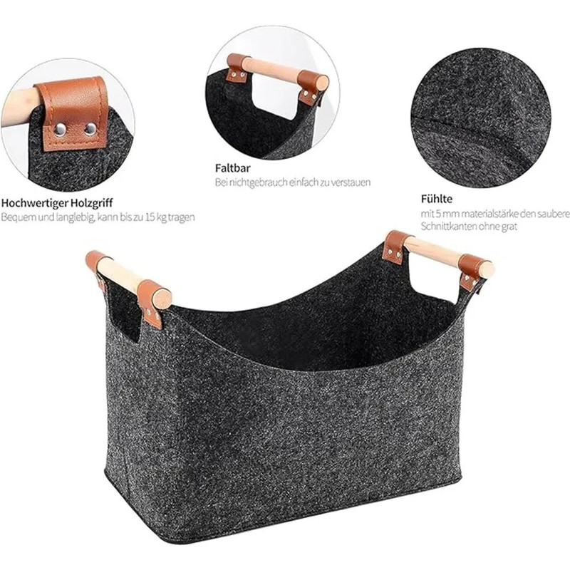 Wooden Firewood Storage Felt Basket Foldable - Image 3