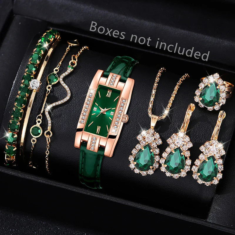 Green Womens Quartz Watch Jewelry Gift Set - Image 1