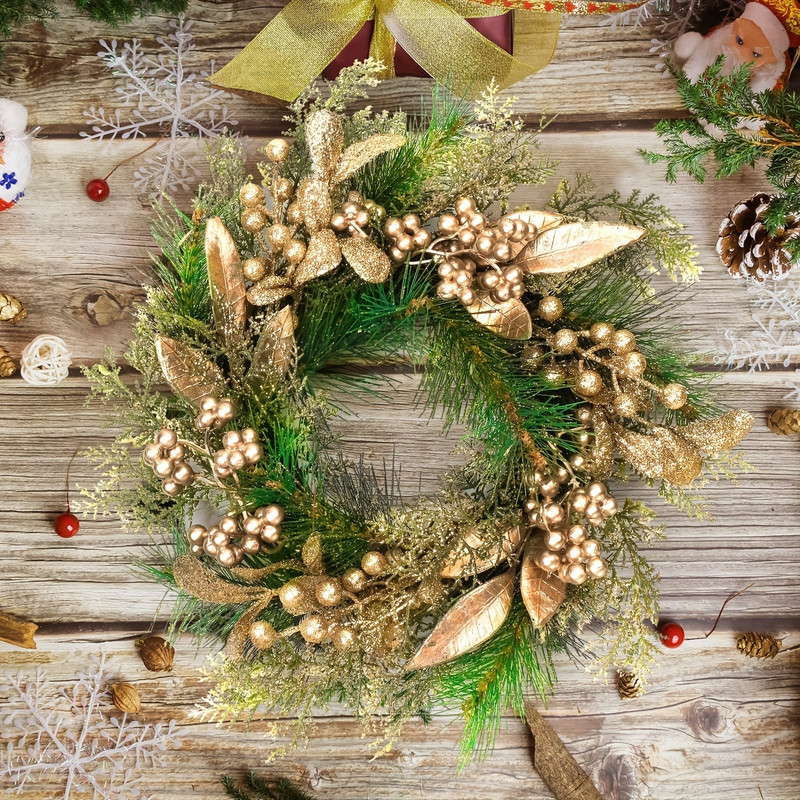 Classic Christmas Wreath Golden Leaves and Berries - Image 1