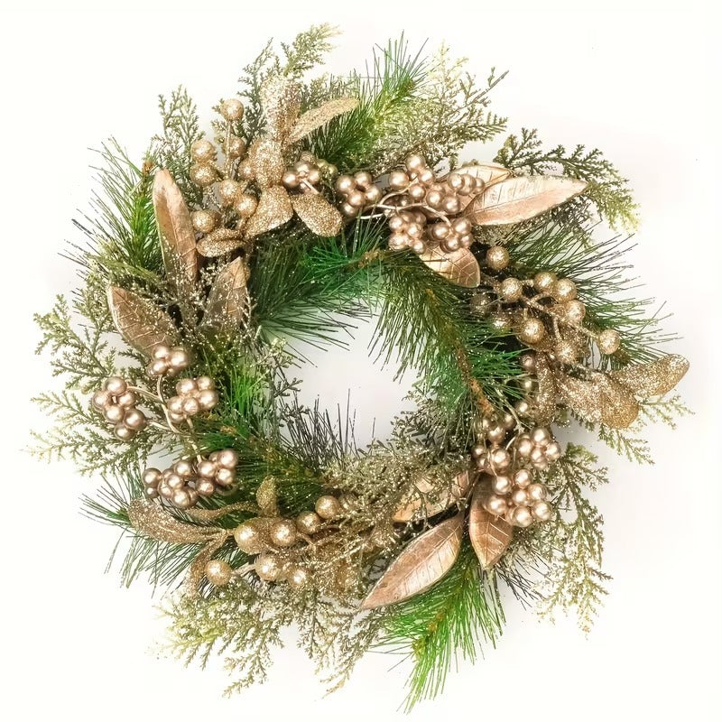 Classic Christmas Wreath Golden Leaves and Berries - Image 2