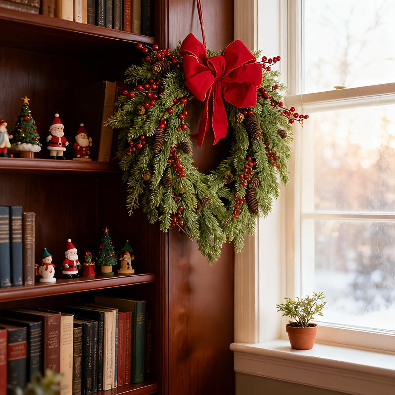 Pine Needle Red Berry Wreath with Heart Bow - Image 1