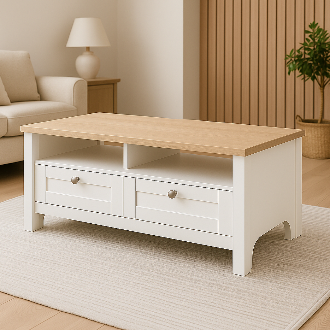 Noosa Coffee Table White Oak 2 Shelf and 2 Drawers - Image 1