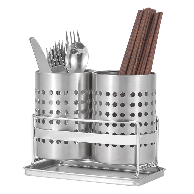 Stainless Steel Double-Tube Cutlery Basket With Storage Rack for Household Kitchen-Silver - Image 1