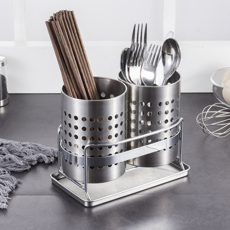 Stainless Steel Double-Tube Cutlery Basket With Storage Rack for Household Kitchen-Silver - Image 2