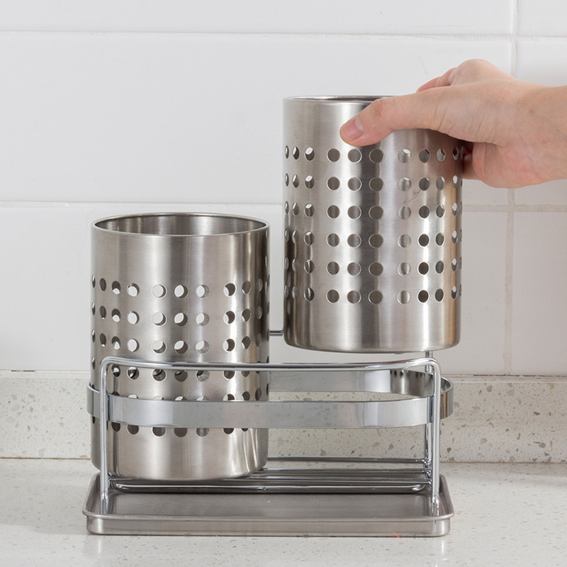 Stainless Steel Double-Tube Cutlery Basket With Storage Rack for Household Kitchen-Silver - Image 3