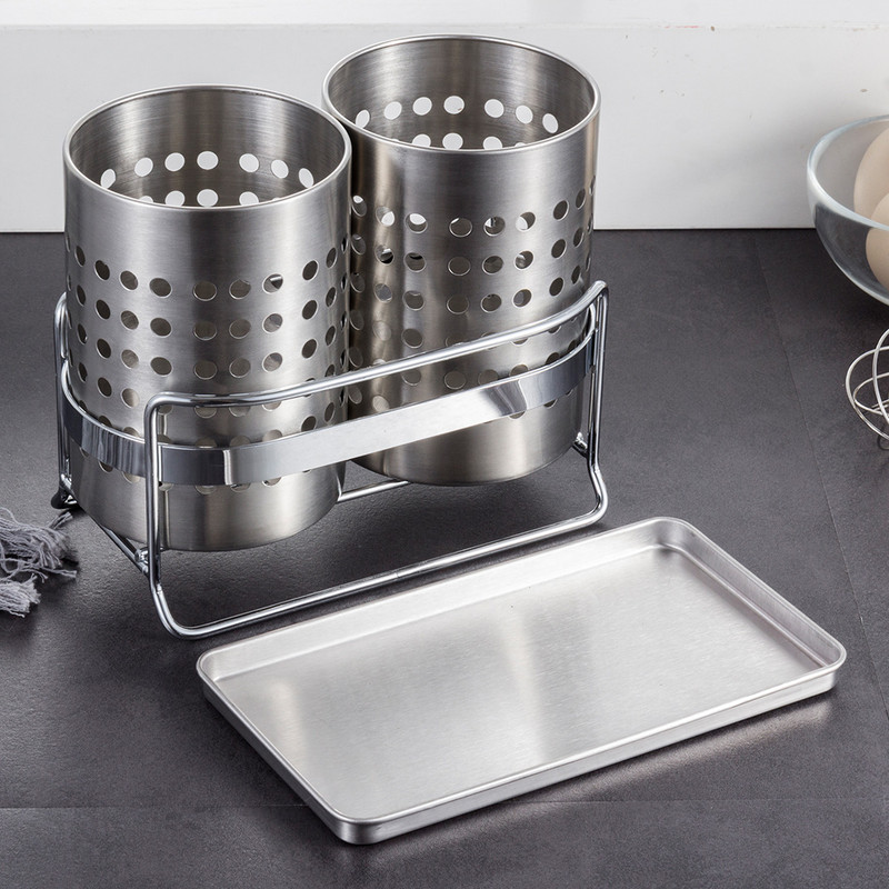 Stainless Steel Double-Tube Cutlery Basket With Storage Rack for Household Kitchen-Silver - Image 7