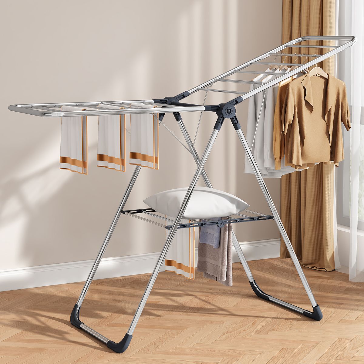 Stainless Steel Floor-Standing Folding Wing-Shaped Drying Rack-Silver - Image 2