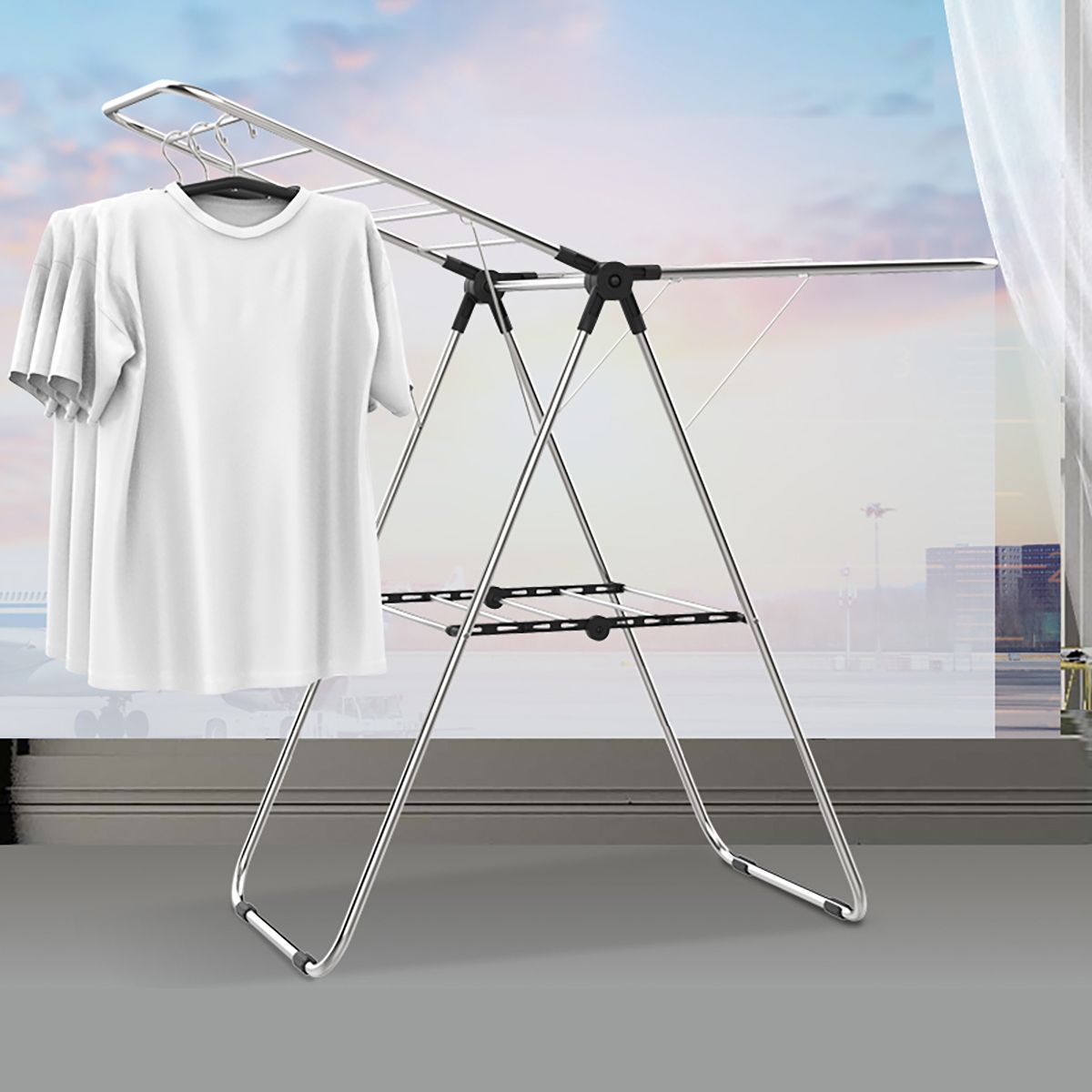 Stainless Steel Floor-Standing Folding Wing-Shaped Drying Rack-Silver - Image 4