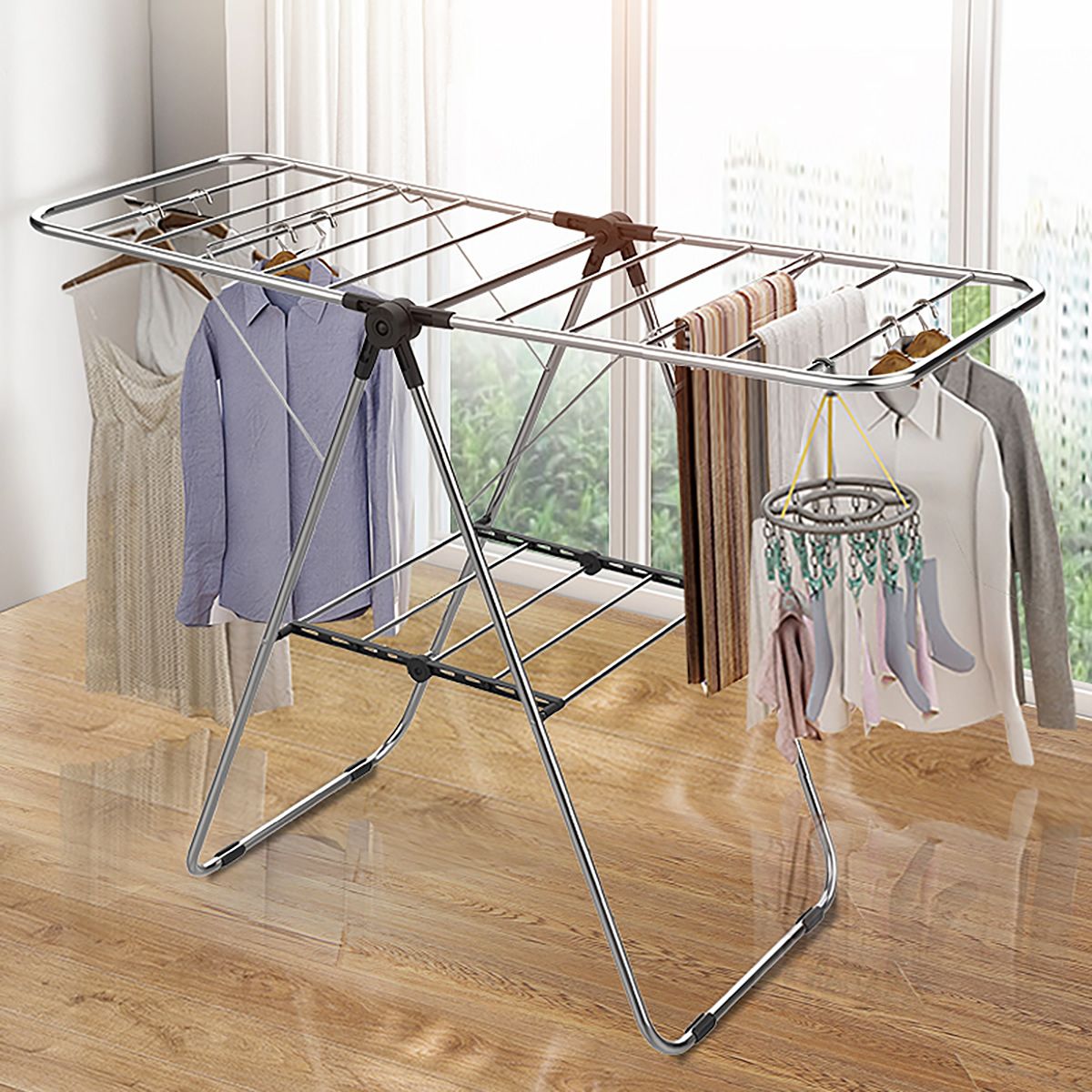 Stainless Steel Floor-Standing Folding Wing-Shaped Drying Rack-Silver - Image 5