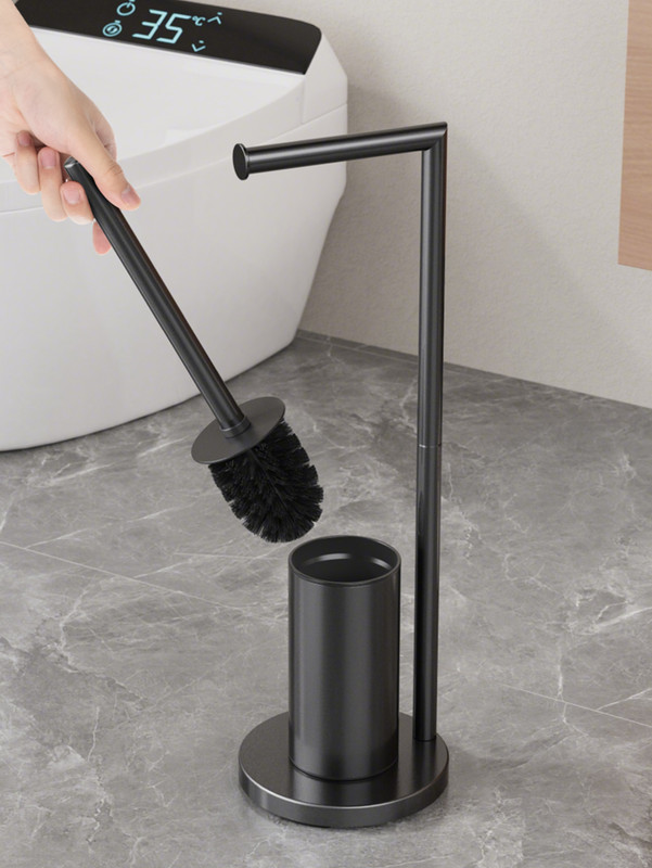 2-in-1 Floor Standing Roll Paper Holder and Toilet Brush For Bathroom and Toilet-Black - Image 4