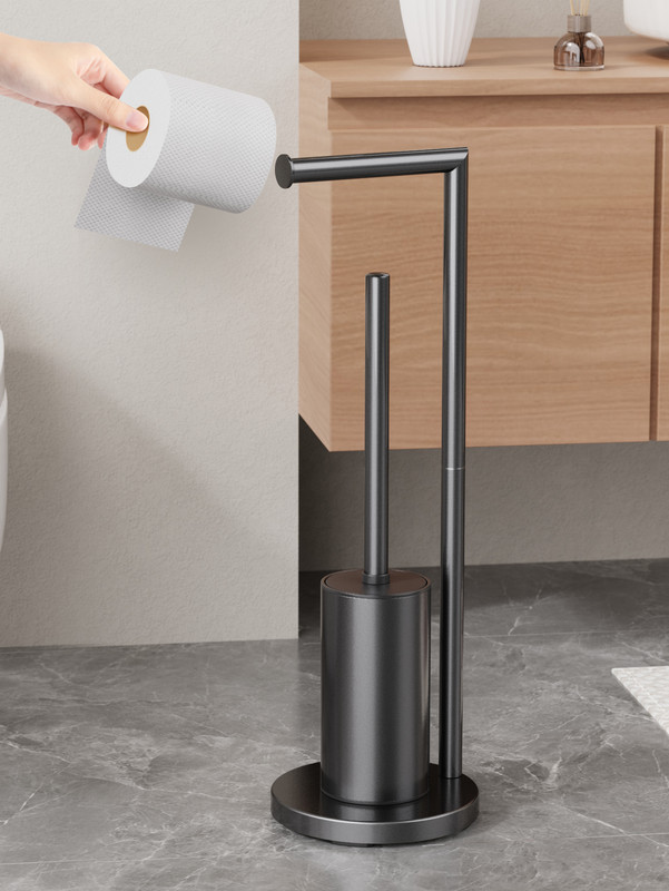 2-in-1 Floor Standing Roll Paper Holder and Toilet Brush For Bathroom and Toilet-Black - Image 6