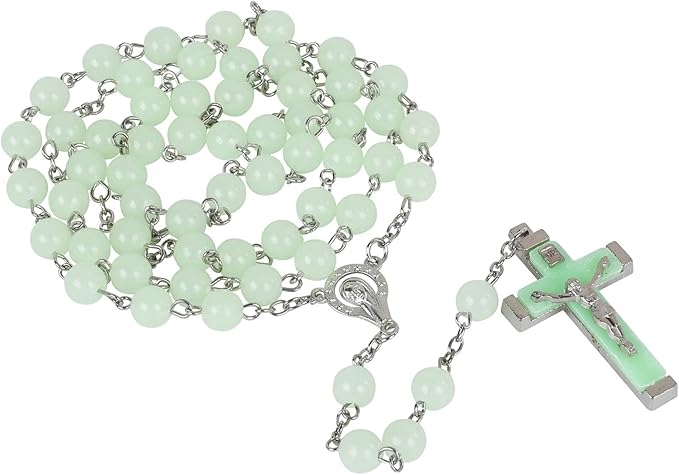 Rosary Beads Catholic - Green Rosaire Glow in the Dark Cross Necklace for Men Women-Green - Image 1