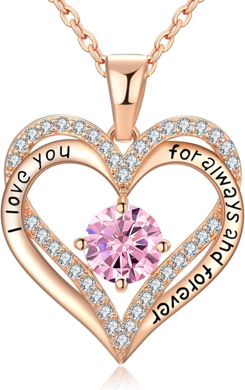 18K Rose Gold Necklaces for Women, 928 Sterling Silver Gifts for Mothers Day, Jewelry for Wife Mom Her Girlfriend, Birthstone Diamond Necklace for Birthday Anniversary, Heart Pendant Jewelry-OCT - Image 1