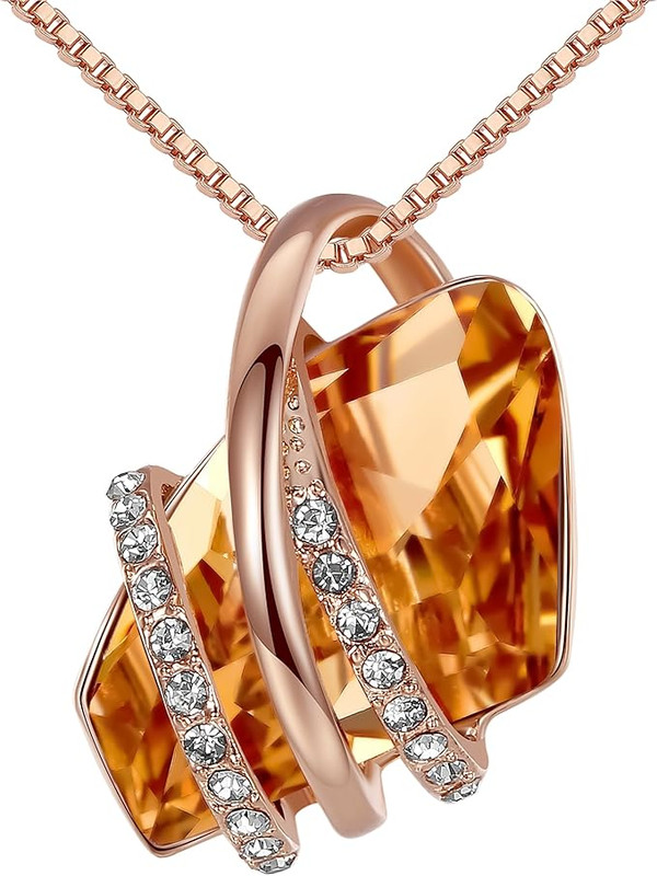 Wish Stone Pendant Necklace, Necklaces for Women with Birthstone Crystals, Allergy-Free Jewelry for Women with Gift Box, 26K Rose Gold Plated or Silver-tone Birthstone Necklace for Women-11-November Birthstone-Amber Brown - Image 1